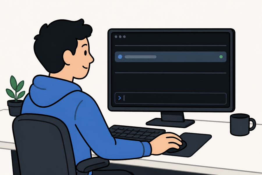Cartoon of a developer starting Agenton from the daemon session screen at their desk