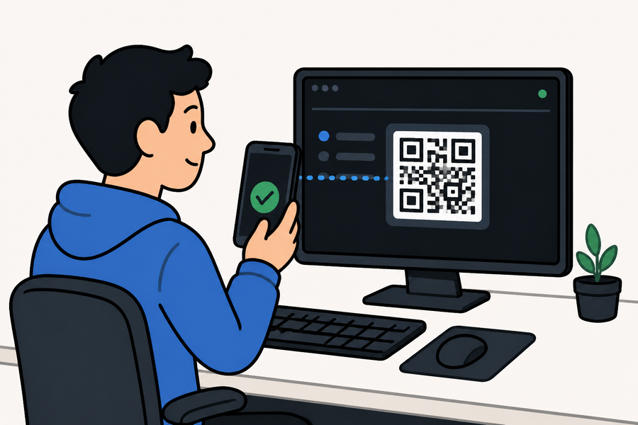 Cartoon of a developer pairing an iPhone by scanning a QR code on the Agenton screen