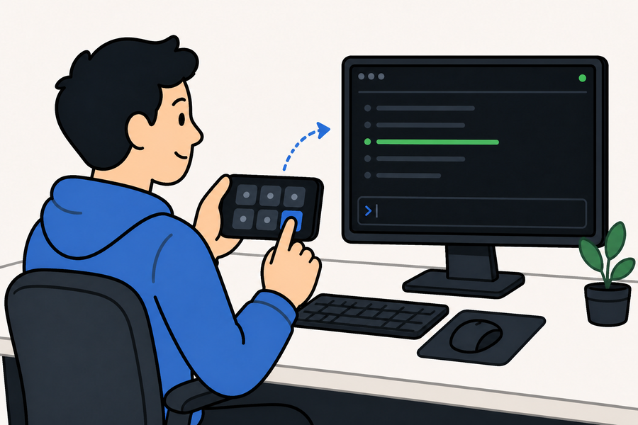 Cartoon of an iPhone controller pad driving a live Agenton terminal on a desktop monitor