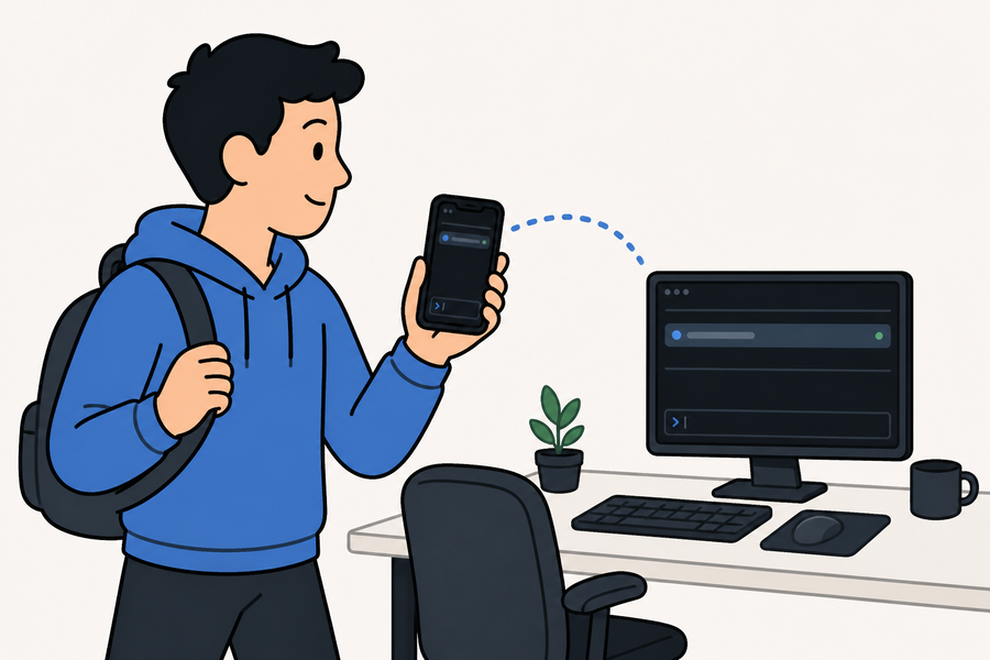 Cartoon of a developer walking away while the live Agenton session continues between their home computer and iPhone